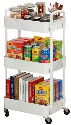 Sywhitta 3-Tier Plastic Rolling Utility Cart with Handle, Multi-Functional Storage Trolley for Office, Living Room, Kitchen, Movable Storage Organizer with Wheels, White
