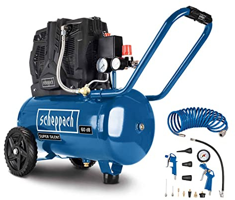 Scheppach HC25Si Super Silent Kompressor Leisekompressor | 8bar | 24L Kessel | ölfrei & wartungsarm | Ansaugleistung 230 L/min Doppelzylinder | mit Fahrvorrichtung, 10m Schlauch & 13 tlg. Zubehörset