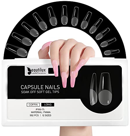 Beautilux Capsule Americaine Ongle Ballerine Long, Capsules Ongles Coffin Long Transparente Acrylique 552 Pièces 12 Tailles, Soak Off Faux Ongles Pose Americaine Pour Manucures à Domicile