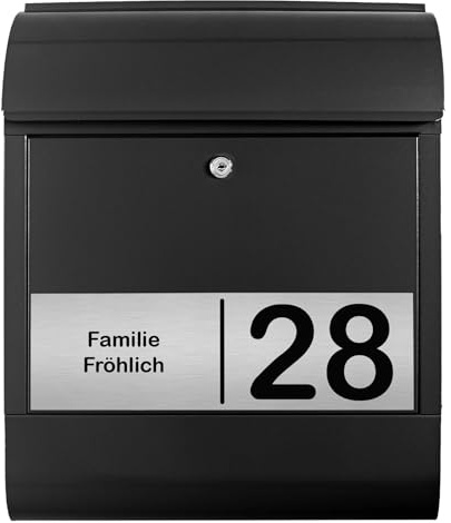 banjado Briefkasten personalisiert mit graviertem Namensschild in Edelstahl - Wandbriefkasten Schwarz - Postkasten mit Hausnummer, Namen & Motiv Gravur 2 - Briefkasten mit Zeitungsfach