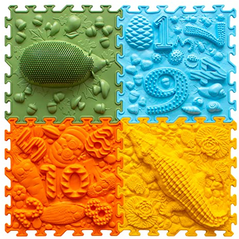 ORTO NATURE Tapete de juego de rompecabezas de masaje sensorial 4 piezas, azulejos ortopédicos entrelazados y tapetes texturizados para niños y adultos (escuela forestal)