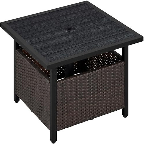 costoffs Outdoor Patio Rattan Side Bistro Table with 3.8cm Umbrella Stand, All Weather, Max Load 120kg, 55.5 x 55.5 x 47 cm, Black