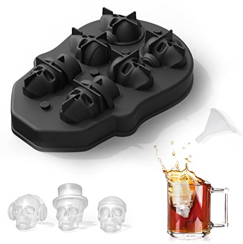 Totenkopf Eiswürfelform Schokoladenform Lustige Eiswürfelform, 3D Skull Silikon Eiswürfelform Totenkopf mit Mini-Trichter, Schwarz Ice Cube Tray Halloween Silikonform für Whiskey Cocktails Süßigkeiten