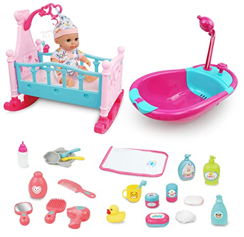 RedCrab Puppenset mit Zubehör, 24-teiliges Babypuppe Spielset mit Bett und Badewanne, Puppenkleidung, Füttern Set, Wasch- und Pflege Set, Baby Puppe Geschenk für Mädchen ab 3 Jahre