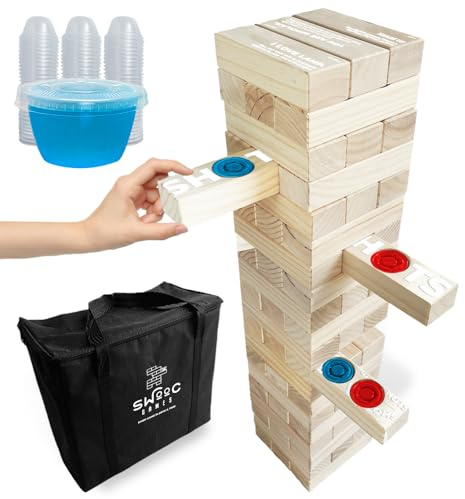 SWOOC Games - Giant Tower Party Game with Hidden Jello - Includes Disposable Cups, Lids & Carrying Case - Stacks up to 5ft - Topple Game for Adults - Giant Outdoor Games - Jumbo Block Fun