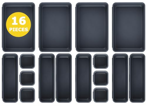Omtofo Organizer Cassetti, 16 Pezzi Organizer Cucina, 3 Taglie Antiscivolo, Regolabile, Vassoio Portaposate Scatole Stoccaggio Divisori, Per Trucchi, Scrivania, Bagno, Ufficio, Utensili
