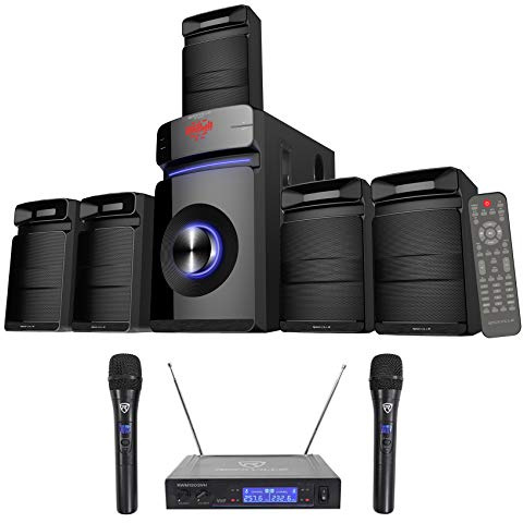 Rockville HTS45 Bundle: 800-Watt 5.1-Channel Bluetooth Home Theater Audio System with 5.25 Subwoofer, RWM1203VH VHF Wireless Dual Handheld Microphone System with Digital Display, 2-Items