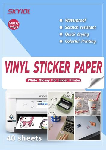 Sticker Papier zum Bedrucken für Tintenstrahldrucker A4 Glänzend Weiß, 40 Blätter SKYIOL VINYL Aufkleber Papier Wasserfest Inkjet Papier Etiketten Papier Selbstklebend