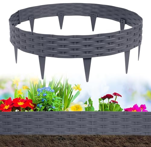 NAIZY Rattan-Optik Rasenkante 5 * 1m Beeteinfassung Biegbarer Kunststoff Mähkante Beetumrandung Rattan Design Gartenpalisade für Garten Rasen Dekorativ, Grau (10 Stück/10m)