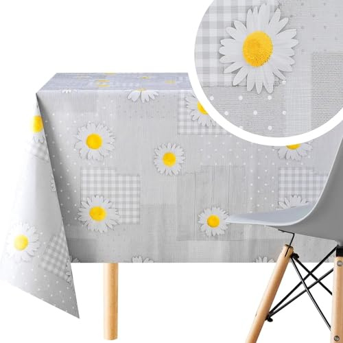 KP HOME Wipe Clean Tablecloth Rectangular 98.4x 55.1 In (250x140cm) - PVC Large Outdoor 8 Seat Wipeable Oilcloth Table Cover - Grey Waterproof Plastic Table Cloth With Daisy Flower Patchwork