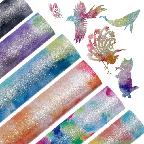 PAPU 6 Stück Glitzer Plotterfolie Textil 2024 Neuestes Tie-Dye Handwerk Flexfolie Plotter Textil 30.5 * 20 cm Heat Transfer Vinyl PU Transferfolie Vinyl für Textilien,zum Aufbügeln für DIY T-Shirt