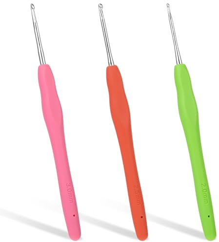 3 Stück Häkelnadeln Set, 2,0mm, 2,5mm, 3,0mm Häkelnadel, Ergonomische Stricknadeln mit Gummi Softgriff von Schals, Handschuhen, Taschen, Hüten, Socken