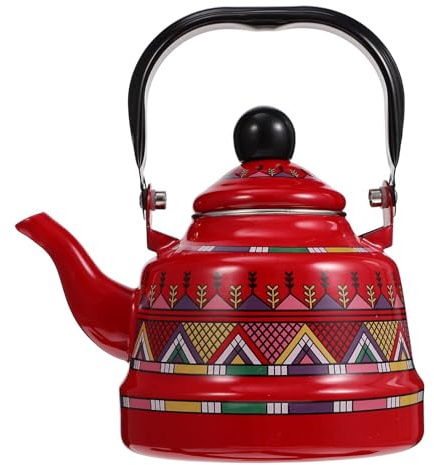 RSBFER Emaille-Teekessel mit Blumenmuster im Vintage-Stil – schnell aufheizende Teekanne für den Herd mit Cool-Touch-Porzellangriff für heißes Wasser, kein Pfeifen,Rot,1.1L