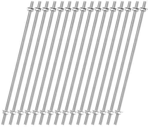 sourcing map 16pcs 8/32 Inch M4 Threaded Rods with 32pcs Hex Nuts and Washers 6 Inch 201 Stainless Steel Full Threads Right-Hand Thread for Hangers, U-Bolts, Beaded Garden Stake Rods, Silver