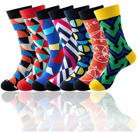 VEGCOO 7 Pares Calcetines Divertidos Hombre Mujer, Calcetines Coloridos Novedosos para Hombre, Calcetine Divertidos de Algodón Alto Casual, Regalo para Hombres Papá Novio
