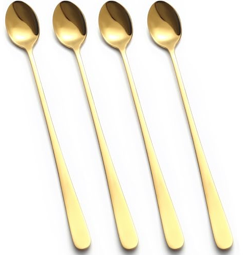 tiokin Latte Macchiato Löffel, Eislöffel Lang 4-teilig, 22.3 cm Edelstahl Longdrinklöffel, Lange Löffel für Cocktail kaffee Tee Milchshake Eisbecher Dessert(Gold)