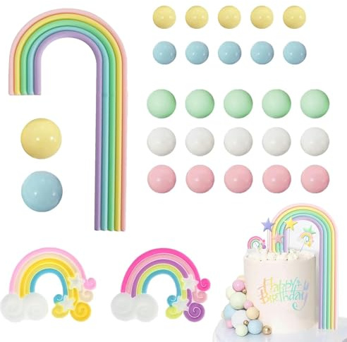 30Pcs Rainbow Cake Toppers, Birthday Decorations Set with Balloon & Cloud Decorations - Foam & Resin Cake Decorations for Birthdays, Baby Showers, Unicorn Parties - Reusable Rainbow Cake Topper Kit