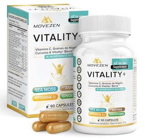 MOVEZEN VITALITY + Multivitamines 16-en-1 anti stress, Sea Moss, Ashwagandha & Curcuma, Vitamines C & D, Énergie, Réduction de la Fatigue, Immunité & Bien-être Mental, 60 Gélules Vegan