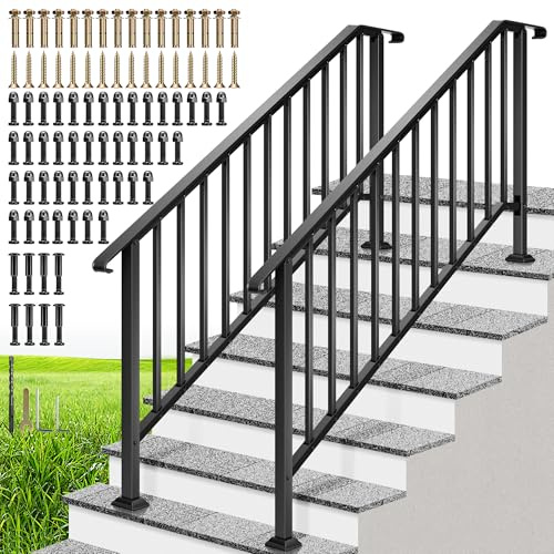 VIVOHOME 2-Pack 6 Step Galvanized Steel Hand Rails for Outdoor Steps – Curved Ends and Safety Balusters Exterior Railing for Porch, Deck, or Indoor Stairs, Complete Installation Kit