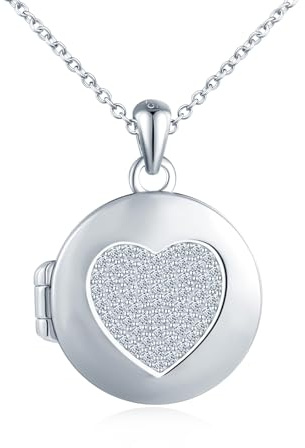 Künstliches Zirkoniumoxid Herz Foto Kette Silber 925 mit Bild: Halskette Damen Medaillon zum Öffnen für Bilder-Rund Anhänger Ketten Amulett Schmuck-Personalisierte Geschenk für Frauen Mama Freundin