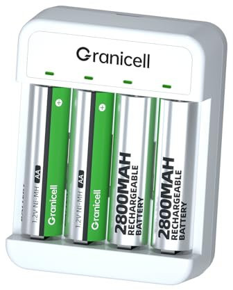 Granicell Batterie AA ricaricabili con caricabatterie, 2800 mAh, confezione da 4 batterie NiMH doppie A con Smart 4 Bay USB caricatore rapido per NI-MH NI-CD