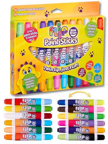 Little Brian Flip Paint Sticks For Kids - 12 Pack with 24 Assorted Colours, Twin Tips, Double-Ended - Mess-Free, Easy Clean Up, Fast Drying Action, Vibrant Colours, Multi-Surface, Twist & Paint
