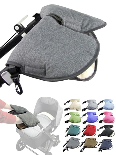 BambiniWelt Handmuff Kinderwagen – Handwärmer mit 70% Lammwolle, wasserfest & winddicht, 2-teilig für Buggy, Kinderwagen & Radanhänger, kuschelig & pflegeleicht, Farbe: meliert dunkelgrau