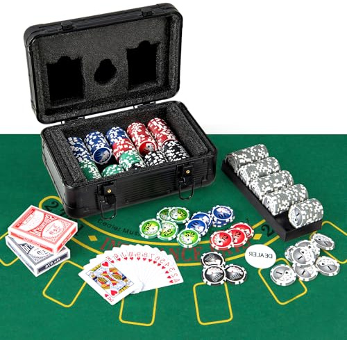 HOMASIS Set da Poker con 300/400 Fiches, Valigetta Poker in Alluminio con Mazzi di Carte, Tappetino in Feltro, 2 Chiavi, Carta del Banco e 5 Dadi, Set di Fiches da Poker per Casinò (29 x 20 x 16 cm)