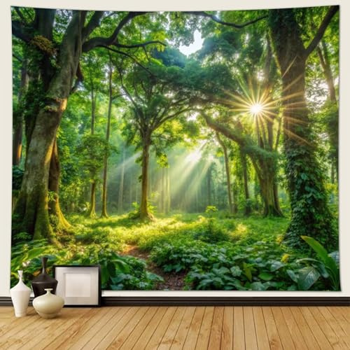 Musihy Begrünung Wandteppich, 150x130cm Naturbelassene WaldlandschaftWandteppiche für Wohnzimmer, Wohnkultur, Grün