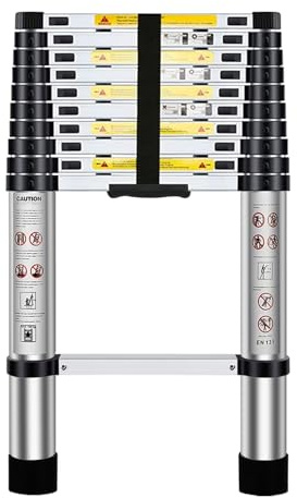 Telescopic Ladder 3.2m/10.5ft, Extendable Ladder Stainless Steel Portable, Adjustable Step, Non-Slip Feet, Max Load 150kg, for Lofts, Home Maintenance, Warehouse Organisation, etc.