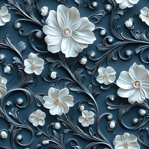 ReWallpaper Papier Peint Bleu et Blanc Fleuri 3d Effet Vintage Papier Adhesif pour Meuble Armoire 44.5CMx3M Imperméable Bleu Rouleau Adhesif Mural Decoratif Salle De Bain Vinyle Autocollant Fleur