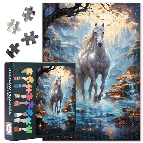 Puzzle de 1000 pièces pour adultes, cheval blanc dans la forêt enchantée, scène naturelle majestueuse avec art dynamique, puzzles pour adultes de qualité supérieure de 1000 pièces – 69,5 x 50,7 cm