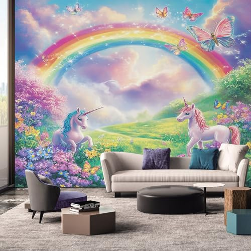 Unicorn Rainbow Wallpaper Mural, Fairy Tale Wall Mural, Non-woven Print Photo Wallpaper for Bedroom Living Room Decor 350x256 cm XGZ63