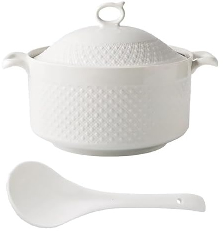 Sopera con tapa y cucharón, juego de cuencos for sopa de porcelana, cazuela redonda de cerámica de gran capacidad, olla decorativa blanca for sopa for hogar, cocina y restaurante.