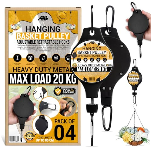 AHG 4 Pack Hanging Basket Pulley Hooks | Adjustable Retractable Plant Hanger Pulley for Hanging Baskets, Bird Feeders & Garden Decorations | Heavy Duty Metal Pulley System, Max Load 20kg Each