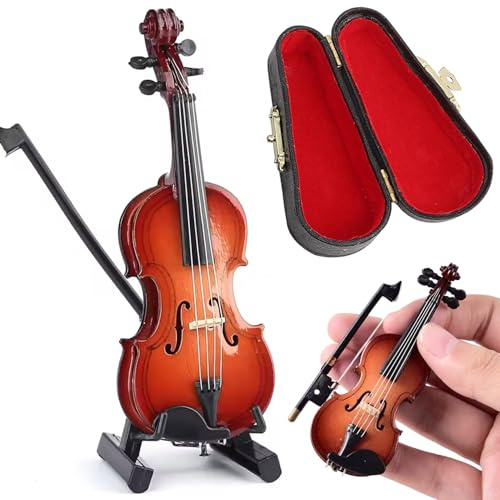 Mini violino Figurina realistica di violino minuscolo da 3, 2 pollici con supporto e custodia per accessori per casa delle bambole in miniatura da tavolo domestico