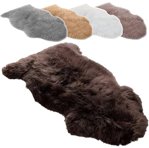 Andreas Dell Schaffell Teppich Echtes Lammfell 100% Naturfell Weicher Sheepskin Teppich, Flauschiger Schafspelz als Bettvorleger, Sitzfell Deko Fell für Sofa & Wohnzimmer (Braun, XL: 110 bis 120cm)