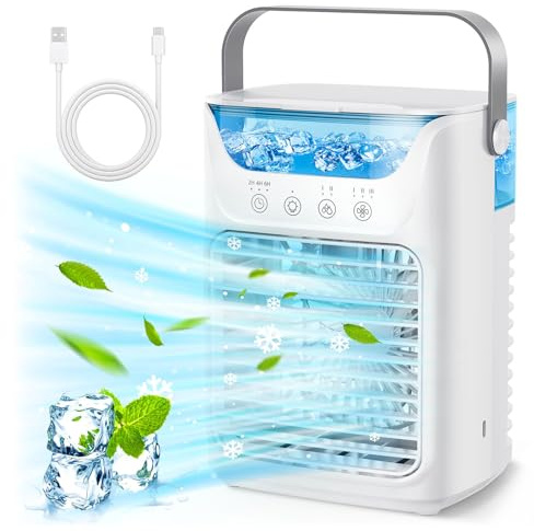 Jeffergarden Portable 4 In 1 Design Air Conditioner Fan, USB Powered Mini Air Cooler Humidifier with 3 Speeds, 700ML Water Tank, 7 Color Night Light, Touch Screen Button, Fast Cooling for