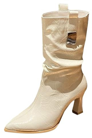 Stövlar dam läder, vinterstövlar dam med klack, eleganta vinterskor spets, tåparti, ankelstövlar, fashionabla damstövlar, bekväma slip-stövlar, slouchy vida stövlar, casual halvstövlar, Beige, 38 EU