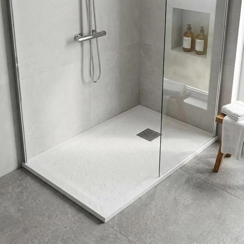 Piatto Doccia MALAGA in Marmoresina Bianco 80x100x4 cm Quadrato con Griglia Inox e Piletta Inclusa – Effetto Pietra, Ultrasottile, Resistente e Facile da Pulire