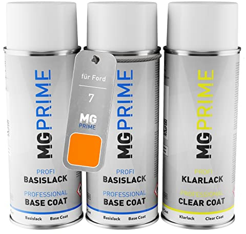 MG PRIME Billack Sprayburk Set för Ford 7 / 6FSEWWA Electric Orange Pearl/Electric Orange Metallic Baslack Klarlack Sprayburk 400ml