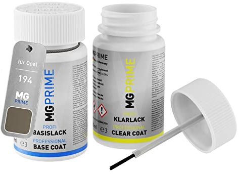 MG PRIME Autolack Lackstift für Opel 194 / 10E Siliziumbeige Metallic +1K | Ash Beige Metallic, Set aus Basislack + Klarlack, Lackfläschchen mit Pinsel, je 50ml