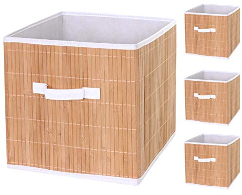 Mendler 4er-Set Faltbox HWC-C21 Bambus 32x32x32cm - naturfarben | Korb, Aufbewahrungskorb, Ordnungsbox, Sortierbox, Aufbewahrungsbox
