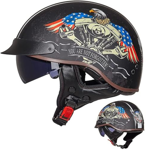 Halbschalenhelm mit ECE, Retro Jethelm Chopper Helm Retro Motorrad Helm, Halbhelme Scooter-Helm Mofa-Helm mit Sonnenblende und Herausnehmbares Atmungsaktives Futter