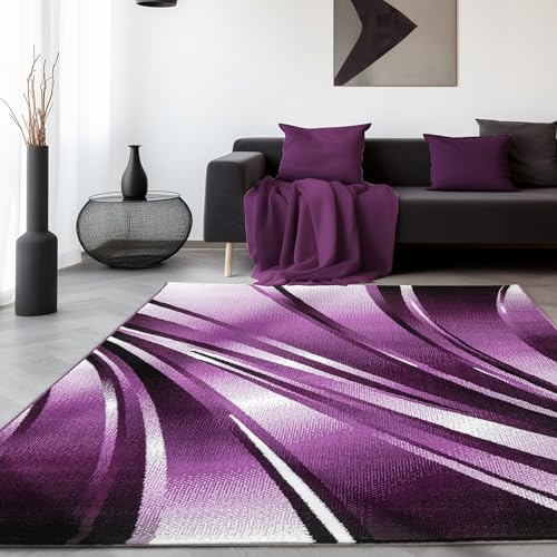 SIMPEX Teppich Wohnzimmer 160x230 cm Lila Modern Abstraktes Wellen Design Kurzflor Schlafzimmer Esszimmer Küche Jugendzimmer Waschbar Pflegeleicht Extra Weich