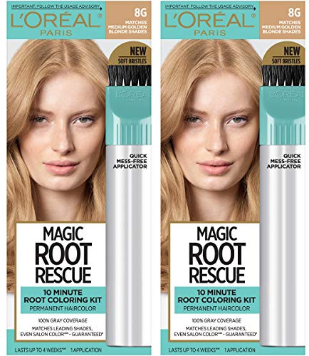 L'Oreal Paris Magic Root Rescue 10 Minute Root Hair Coloring Kit, Permanent Hair Color with Quick Precision Applicator, 100% Gray Coverage, 8G Medium Golden Blonde, 2 count
