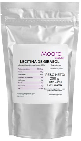 Lecitina de girasol pura en polvo E322 200g - No GMO - Ayuda a mejorar la memoria y la salud de la piel - Gran sustituto de la lecitina de soja para cocinar. Envase Doypack zip