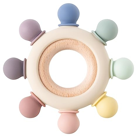 Arudyo Beißring aus Silikon BPA-frei - Ruder Greifling für Baby Zahnen - Nursing Zubehör mit Hölzernem Ring (8 Richtungen - Grau)
