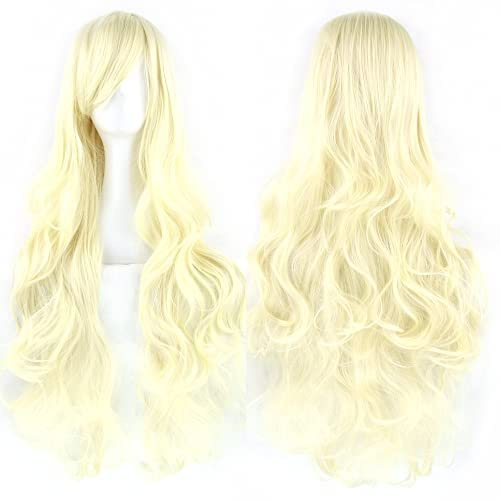 IMISSU 80cm langes lockiges Naturhaar Cosplay Perücke mit Pony Buntes Halloween Kostüm Party Perücken für Frauen (Blond)