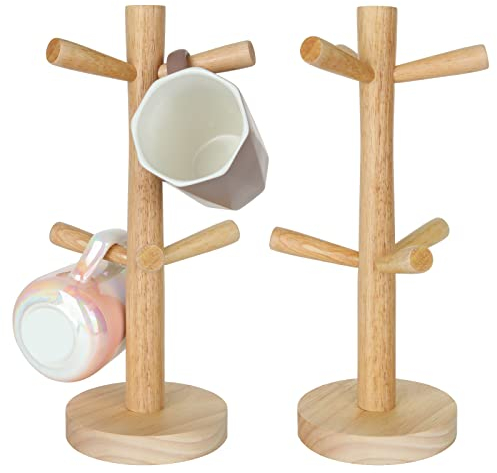 LOLYSIC 2Pcs Wood Mug Tree, 6 Mugs Wooden Cup Holder Stands, Wood Tea Coffee Cup Mug Holder Storage Organiser Mugs Stand for Kitchen Tabletop Countertop Pantry
